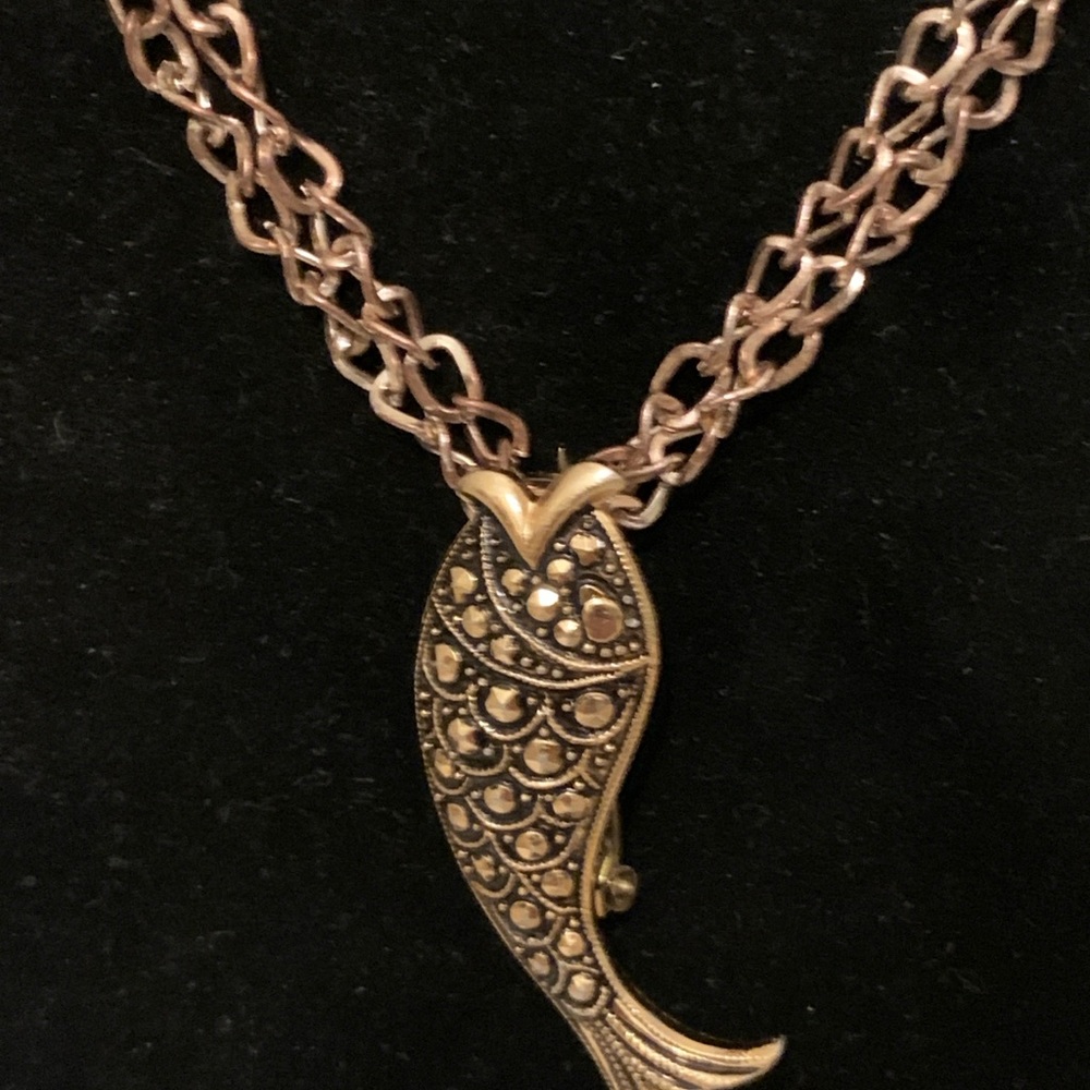 Vintage Made in Germany marcasite like fish brooch pendant necklace